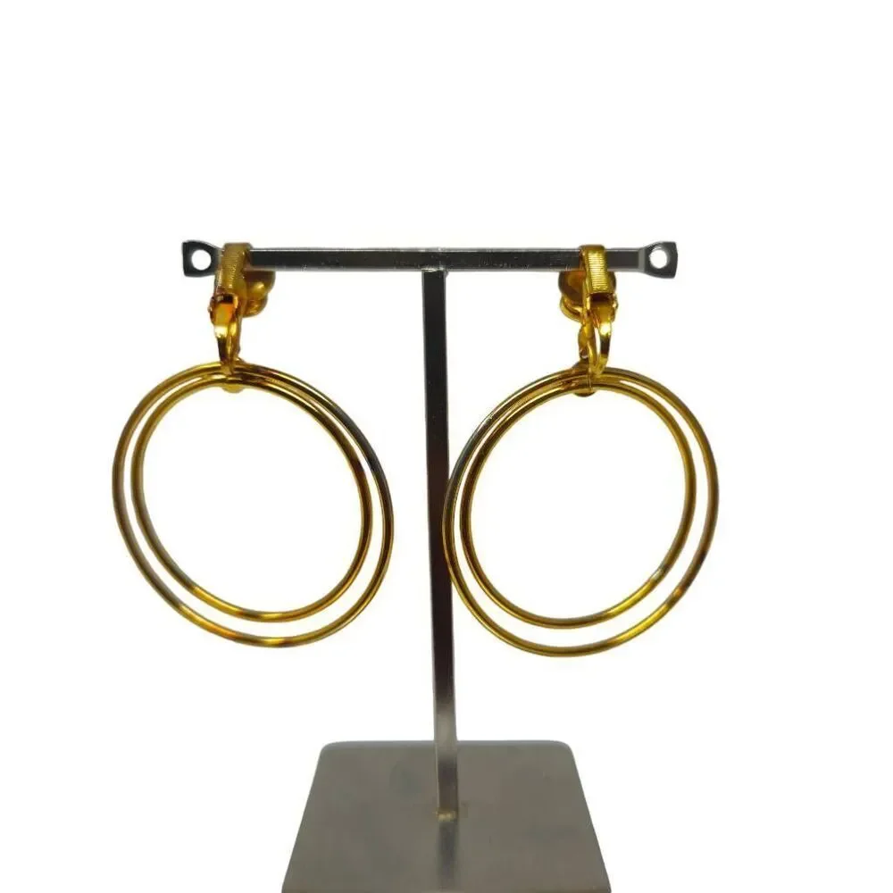 Vintage Minimalist Double Hoop Clip-On Earrings | Gold-Tone Modernist Statement